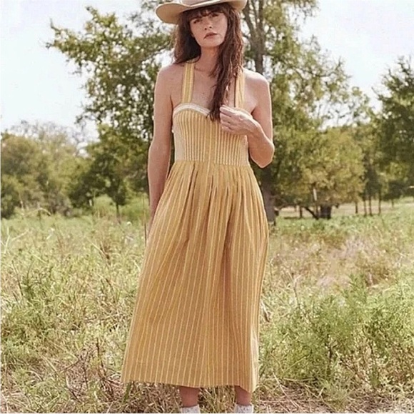 THE GREAT Laurel Striped Midi Dress in Sunburst Stripes Yellow Sz Large - Picture 2 of 8